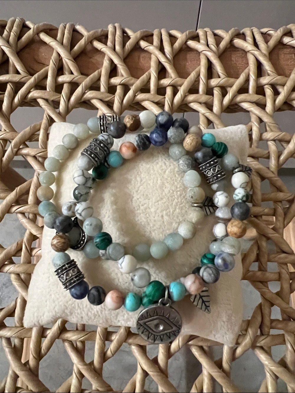 Beaded Multi-Color Stone Wrap Bracelet with Amulet Charm